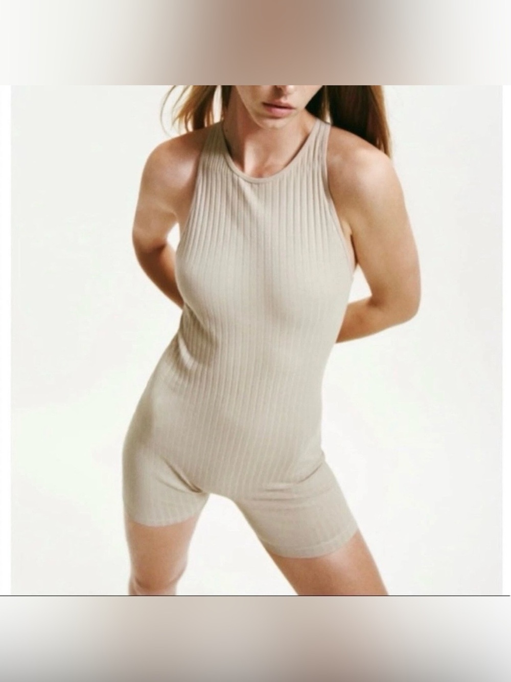 Zara romper bodysuit M ribbed cotton stretch racerback sleeveless shorts cream